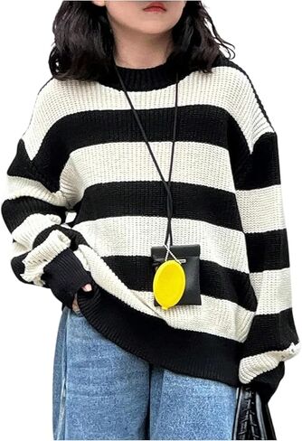 SHENHE Girl's Striped Sweater Pullover Oversized Crew Neck Long Sleeve Knitted Top Jumper in Saudi Arabia