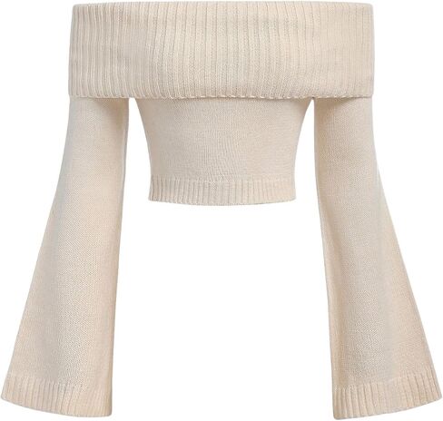 SHENHE Girl's Off The Shoulder Sweater Bell Sleeve Fold Over Knit Crop Top Sweater Pullover in Saudi Arabia