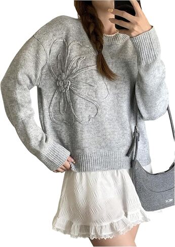 SweatyRocks Girl's 3D Floral Sweaters Long Sleeve Crewneck Pullover Tops Fall Clothes in Saudi Arabia