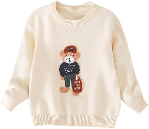 Kids Teddy Bear Knit Sweater, Crew Neck, Long Sleeve, Cream Color in Saudi Arabia