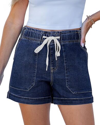 Utyful Jean Shorts for Women Trendy High Waisted Drawstring Pull On Elastic Waist Stretchy Denim Shorts Mid Thigh Jorts in Kuwait