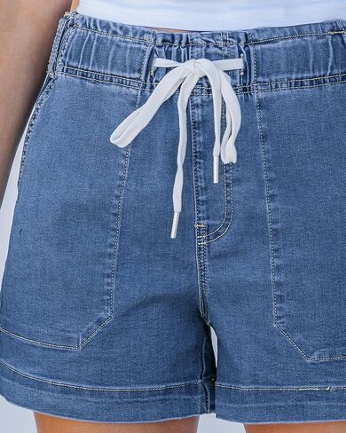 Utyful Jean Shorts for Women Trendy High Waisted Drawstring Pull On Elastic Waist Stretchy Denim Shorts Mid Thigh Jorts in Kuwait