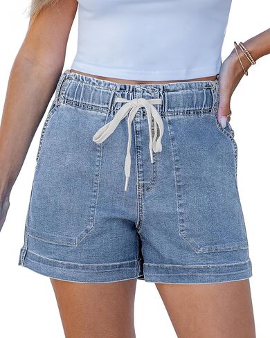 Utyful Jean Shorts for Women Trendy High Waisted Drawstring Pull On Elastic Waist Stretchy Denim Shorts Mid Thigh Jorts in Kuwait