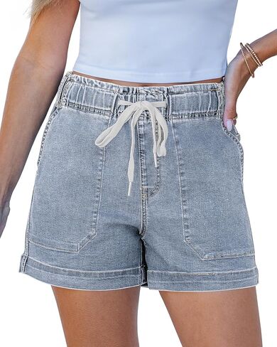 Utyful Jean Shorts for Women Trendy High Waisted Drawstring Pull On Elastic Waist Stretchy Denim Shorts Mid Thigh Jorts in Kuwait