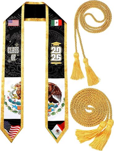 Shihanee 2 Pcs Mexican Dominican American Flag Graduation Stole Sash Class of 2026 with Honor Cord Set 72" in Saudi Arabia