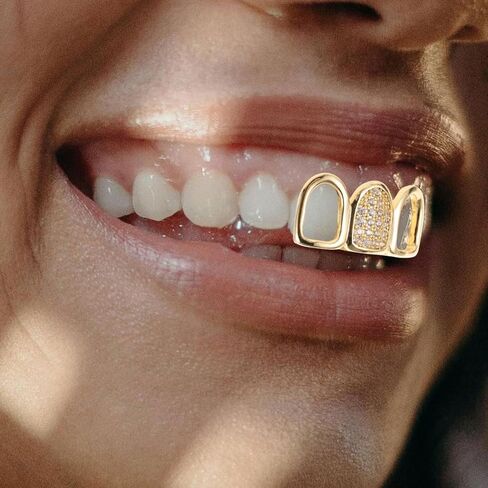 1Set Gold GrillzSet Open Face Hip Hop Teeth Jewelry Gold Plated Dental Caps for Top Bottom Removable Grills for Hip Hop Rapper Costume Accessory Cosplay Vampire Faux Halloween in Saudi Arabia