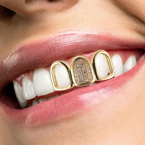 1Set Gold GrillzSet Open Face Hip Hop Teeth Jewelry Gold Plated Dental Caps for Top Bottom Removable Grills for Hip Hop Rapper Costume Accessory Cosplay Vampire Faux Halloween in Saudi Arabia