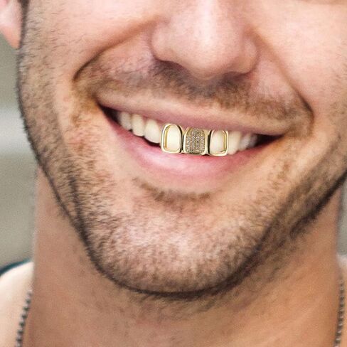 1Set Gold GrillzSet Open Face Hip Hop Teeth Jewelry Gold Plated Dental Caps for Top Bottom Removable Grills for Hip Hop Rapper Costume Accessory Cosplay Vampire Faux Halloween in Saudi Arabia