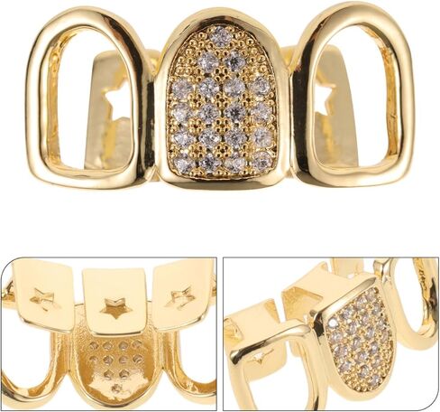 1Set Gold GrillzSet Open Face Hip Hop Teeth Jewelry Gold Plated Dental Caps for Top Bottom Removable Grills for Hip Hop Rapper Costume Accessory Cosplay Vampire Faux Halloween in Saudi Arabia