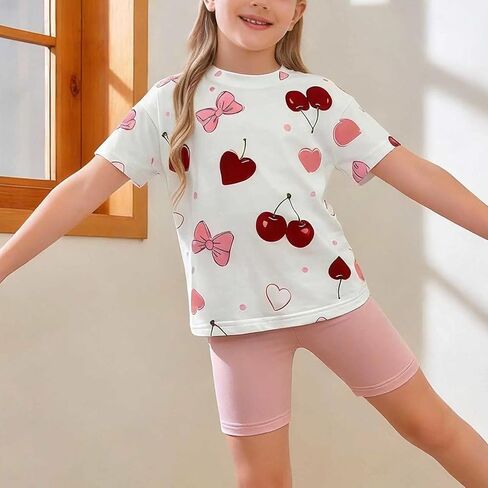 Girls Knit Two Piece Set Short Sleeve Crew Neck T Shirt and Knee Length Shorts Printed Princess Style Casual Summer in Saudi Arabia