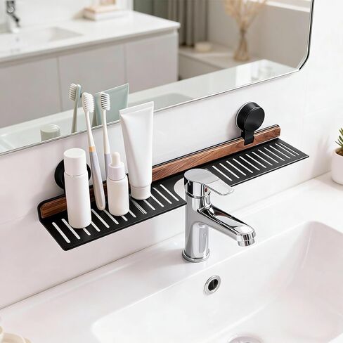 50Cm Walnut Bathroom Sink Shelf, Over Faucet With Suction Cups, Rustproof, Easy Clean, Stylish Black Finish, No Drilling in Saudi Arabia