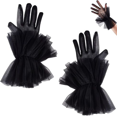 AHANDMAKER Short Tulle Ruffle Gloves for Women, Mesh Gloves Wedding Evening Opera Tea Party Prom Gloves Costume Accessories in Saudi Arabia