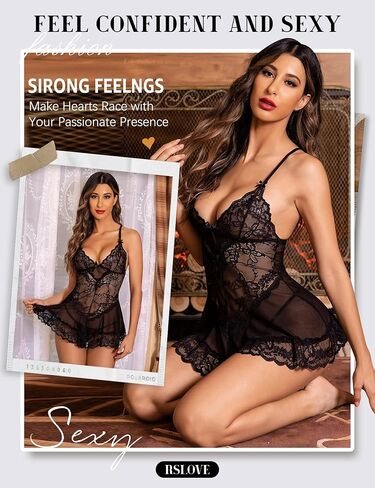 Babydoll Lingerie for Women Lace Chemise Sexy Sleepwear Dress Black L in Saudi Arabia