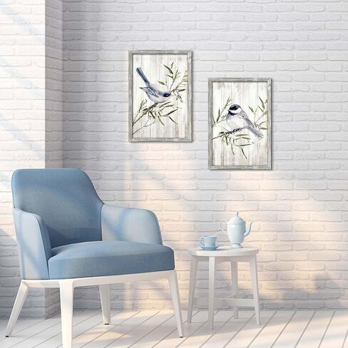 summer melody Thrush Birds Wall Art Decor - Vintage Chickadee Paintings on Branch Wooden Prints Rustic Nature Pictures Farmhouse Artwork for Bedroom Home Office Decor in Saudi Arabia