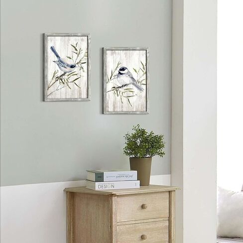 summer melody Thrush Birds Wall Art Decor - Vintage Chickadee Paintings on Branch Wooden Prints Rustic Nature Pictures Farmhouse Artwork for Bedroom Home Office Decor in Saudi Arabia