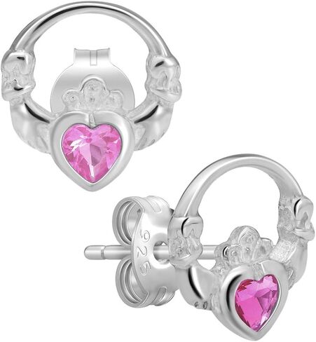 (Nickel Free) 925 Sterling Silver Claddagh with Colored CZ Heart Stud Earrings 18691 (Choose Your Color !) in Saudi Arabia