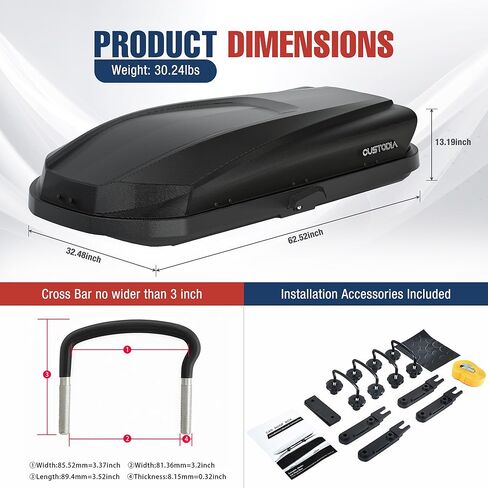 62 Inch Diamond Black Rooftop Cargo Box Carrier, Large 14 Cubic Feet 130 lbs Capacity Car Top Mount Travel Luggage Storage, Dual Side Opening, Heavy Duty Waterproof Rooftop Storage Box, Security Keys in Saudi Arabia