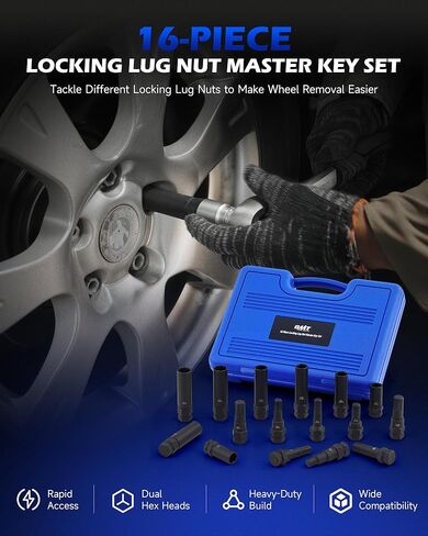 OMT 16pc Locking Lug Nut Master Key Set | SAE & Metric Wheel Lock Removal Kit for Removing Locking Spline Star Hex and Fluted Hex Lug Nuts | Lug Nut Remover Set for Mechanics and More, CrMo Steel in Kuwait