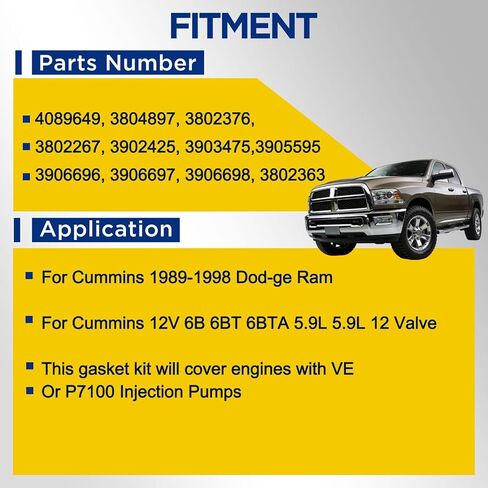 4089649 3804897 مجموعة حشيات المحرك الكاملة العلوية والسفلية لـ Cummins Diesel 5.9 5.9L 12 صمام 6B 6BT 6BTA 1989-98 Dog-ge Ram 2500 3500 VE أو P7100 مضخات حقن مجموعة حشية رأس الأسطوانة كاملة in Kuwait