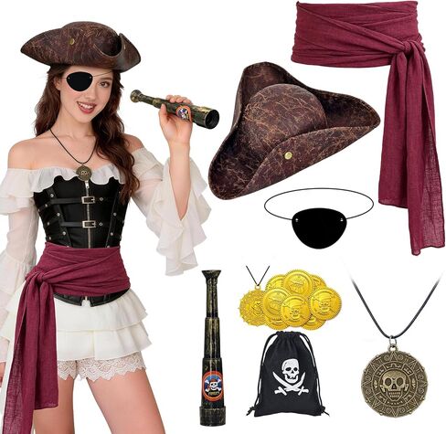 Pirate Hat, 16 PCS Pirate Costume Accessories Set for Men Women Halloween Cosplay Party Outfit, Includes Renaissance Pirate Tricorn Hat, Red Sash, Eye Patch and Necklaces in Saudi Arabia