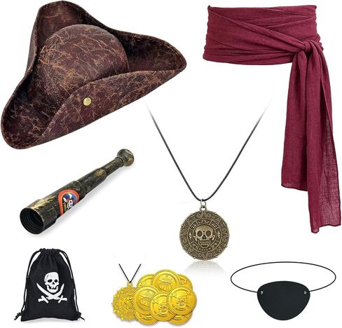 Pirate Hat, 16 PCS Pirate Costume Accessories Set for Men Women Halloween Cosplay Party Outfit, Includes Renaissance Pirate Tricorn Hat, Red Sash, Eye Patch and Necklaces in Saudi Arabia