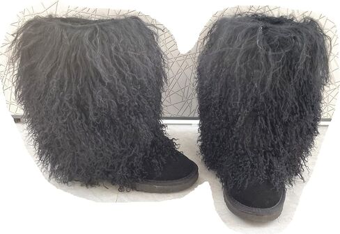 FurinFashion MSBT النساء الحقيقي الفراء الضأن المنغولي أحذية الثلوج لفصل الشتاء في الهواء الطلق الأحذية الدافئة مع حقيقية التبتية كبيرة رقيق الفراء الأغنام الفراء الجوارب مع بطانة الفراء الناعمة فروي غامض المظهر أحذية للفتيات السيدات مع شعر طويل مجعد طويل in Kuwait