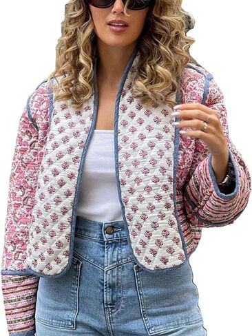 Womens Cropped Floral Puffer Jacket Lightweight Open Front Long Sleeve Padded Quilted Coat with Pockets in Saudi Arabia