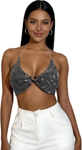 Women Shiny Rhinestones Backless Crop Tops Tank Top Sexy Halter See Through Camisole for Night Out Party Clubwear in Kuwait