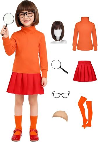 زي فيلما للأطفال البنات أزياء الهالوين ملابس تنكرية فاخرة تنورة حمراء شعر مستعار نظارات مكبرة ملحقات الجوارب in Kuwait