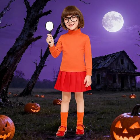 زي فيلما للأطفال البنات أزياء الهالوين ملابس تنكرية فاخرة تنورة حمراء شعر مستعار نظارات مكبرة ملحقات الجوارب in Kuwait