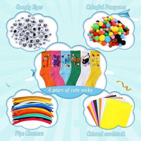 Crazy Funny Socks Kit DIY 6 Pairs Crazy Silly Socks 200 Pipe Cleaners 200 Wiggle Eyes 150 Pom-poms 100 Days of School DIY Silly Novelty Craft for Spirit Week Down Syndrome Day in Saudi Arabia