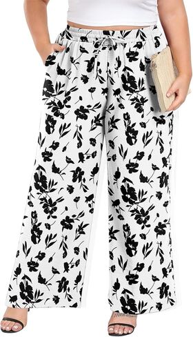Lastshe Women's Plus Size Wide Leg Pants Summer Stretchy Drawstring Waist Comfortable Fit Casual Trousers Pants with Pockets in Saudi Arabia