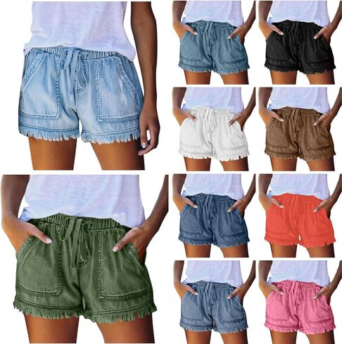 Jean Shorts for Women 2026 Summer Stretchy Casual Loose Beach Tassel Jeans Baggy Drawstring Denim Shorts with Pockets in Saudi Arabia