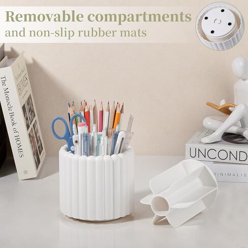 Anyoifax 360° Rotating Pen Holder 7 Slots Desk Organizer Removable Pencil Cup Plastic Art Supplies and Accessories Desktop Storage Box Caddy for Office, School, Home (White) in Saudi Arabia