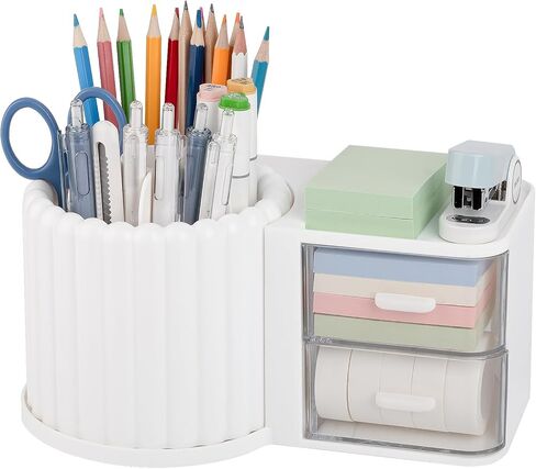 Anyoifax 360° Rotating Pen Holder 7 Slots Desk Organizer Removable Pencil Cup Plastic Art Supplies and Accessories Desktop Storage Box Caddy for Office, School, Home (White) in Saudi Arabia