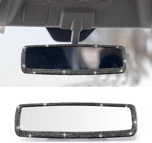 Bling Car Rear View Mirror with HD Glass Rhinestone Auto Rearview Mirror Universal Clip On Replacement Vehicle Interior Accessory (White) in Kuwait
