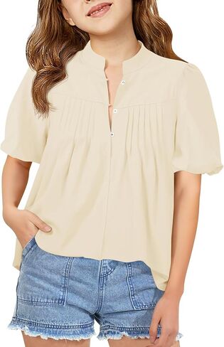 Girls Puff Short Sleeve Shirts Kids Casual Pleated Half Button Loose Blouse Summer Tops 5-14 Years in Saudi Arabia