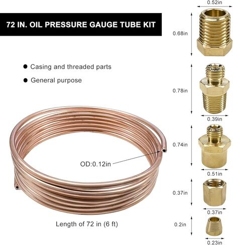 72" Oil Pressure Gauge Tubing Kit, Copper Tube Threaded Brass Parts & Seal Tape for Pressure Gauges, Universal Mechanical Oil Gauge Line Tubing Install Kit w/Fittings in Saudi Arabia