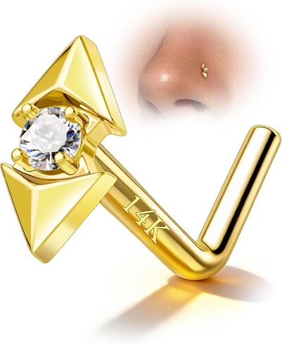 COCHARM 14K Real Gold Tringle Nose Stud, 20G Solid Gold L Shaped Nose Ring, Simulated Diamond CZ Hypoallergenic Nose Piercing for Women in Saudi Arabia