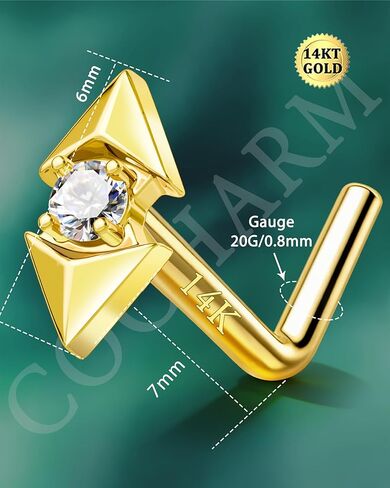 COCHARM 14K Real Gold Tringle Nose Stud, 20G Solid Gold L Shaped Nose Ring, Simulated Diamond CZ Hypoallergenic Nose Piercing for Women in Saudi Arabia