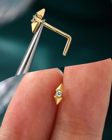 COCHARM 14K Real Gold Tringle Nose Stud, 20G Solid Gold L Shaped Nose Ring, Simulated Diamond CZ Hypoallergenic Nose Piercing for Women in Saudi Arabia