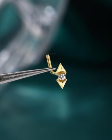 COCHARM 14K Real Gold Tringle Nose Stud, 20G Solid Gold L Shaped Nose Ring, Simulated Diamond CZ Hypoallergenic Nose Piercing for Women in Saudi Arabia