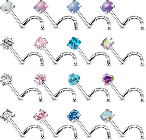 18G 20G Nose Rings Studs for Women Stainless Surgical Steel Corkscrew Straight L Shaped Nose Rings Studs Round Heart Squaer Clear CZ Opal Nostril Piercing Jewelry for Women Men Silver in Kuwait
