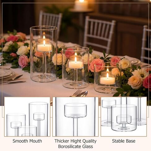 3 Set Hurricane Glass Candle Holders Pillar Votive Hand Blown Clear Cylinder Vase Modern Rustic Table Centerpieces Bulk 3 Sizes 6 Inch 4.3 Inch 2.8 Inches Height in Saudi Arabia