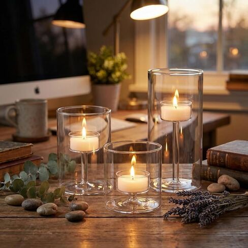 3 Set Hurricane Glass Candle Holders Pillar Votive Hand Blown Clear Cylinder Vase Modern Rustic Table Centerpieces Bulk 3 Sizes 6 Inch 4.3 Inch 2.8 Inches Height in Saudi Arabia