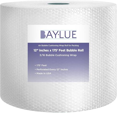 لفافة مبطنة بالهواء الفقاعي لفة كبيرة للتعبئة والنقل والشحن وصناديق التعبئة والتغليف والبريد | 12 بوصة × 175 قدم مثقوبة كل 12 بوصة | فقاعة صغيرة 3/16 in Kuwait