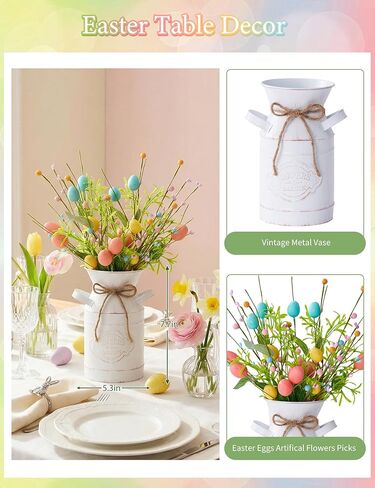 قطع مركزية لعيد الفصح الربيعي للطاولات، ديكور للطاولة مع بيض عيد الفصح والتوت الباستيل، مزهرية معدنية بيضاء عتيقة، قطع مركزية للطاولة الربيعية، 5 قطع ديكورات عيد الفصح داخلية للمكتب المنزلي in Kuwait
