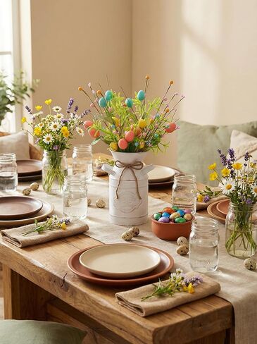 قطع مركزية لعيد الفصح الربيعي للطاولات، ديكور للطاولة مع بيض عيد الفصح والتوت الباستيل، مزهرية معدنية بيضاء عتيقة، قطع مركزية للطاولة الربيعية، 5 قطع ديكورات عيد الفصح داخلية للمكتب المنزلي in Kuwait
