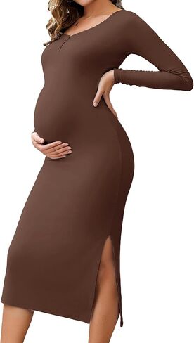 فستان الأمومة النسائي مقسمة bodycon Henley Button Midi Photoshoot Dressal Long Sleeve Dresses for Wedding Guest in Saudi Arabia