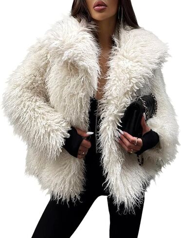 Yimoon Womens Faux Fur Coat Winter Fluffy Faux Fur Jacket Long Sleeve Lapel Collar Furry Shaggy Parka Coat in Saudi Arabia